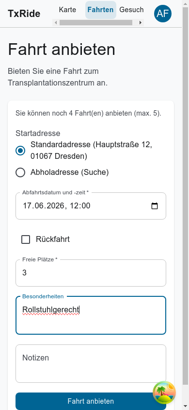 Formular „Fahrt anbieten"