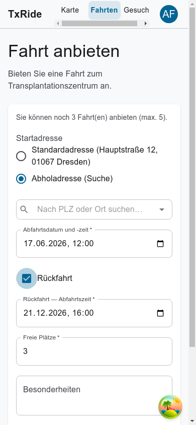 Formular mit Rückfahrt